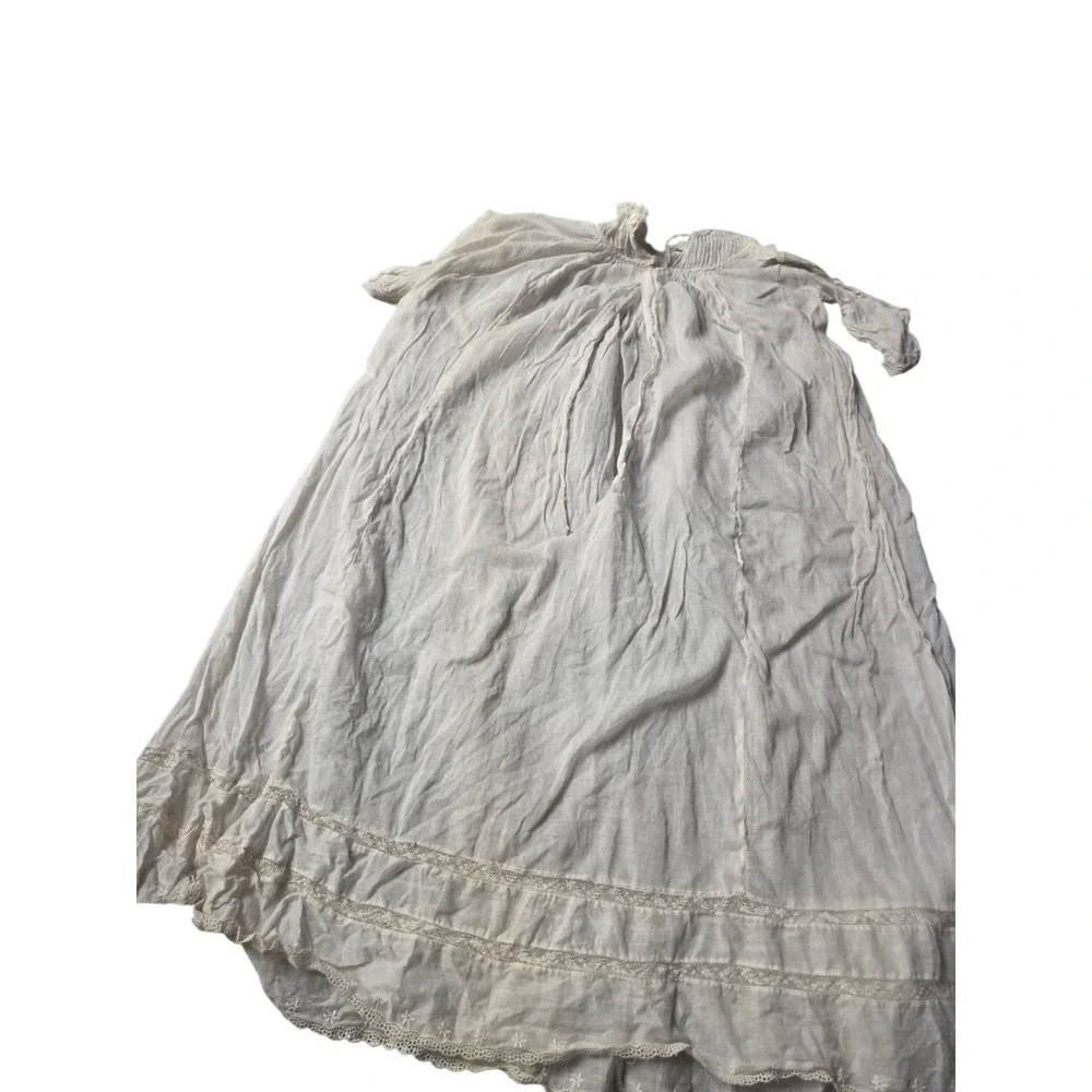 Antique Christening Gown Baby Girls Lace Trim Heirloom Smocked Neck White Cotton